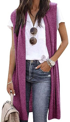 OMZIN Cardigan Donna Casual Senza Maniche Tinta Unita Drappeggiato Aperto Davanti Lungo Leggero Giacca Gilet Cappotto Rosa L