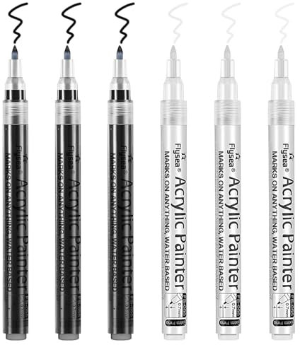 MOSTFUN Acrylic Paint Pens, 6Pcs Permanent Acrylic Markers 0.7mm Extra Fine Point Waterproof Art Pen for Fabric Canvas Glass Rock Ceramic Wooden Leather DIY Painting (Black & White)