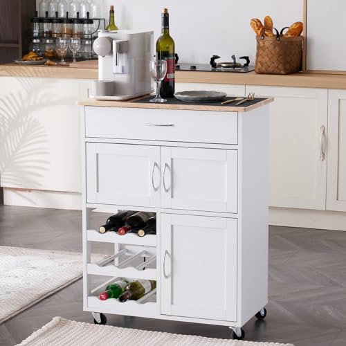 LEADZM Küchenwagen auf Rollen, Servierwagen mit Schubladen & Flaschenablagen, Küchenwagen mit Arbeitsplatte, Küchenschrank-Rollwagen aus Holz, 67 x 38 x 87 cm, Weiß