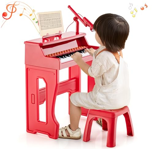 GOPLUS Piano Enfant à 37 Touches avec Pupitre et Tabouret Assortis,Jouet Clavier de Piano Enfant avec Microphone Ajustable,15 Volumes Réglables et 4 Tons Charge 50KG (Rouge, Piano)