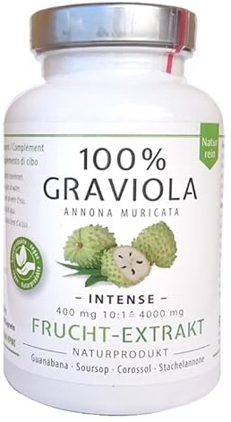 100% Estratto di frutta GRAVIOLA 4000 mg -10:1 ad alto dosaggio - 180 capsule da 400 mg, senza pesticidi, additivi, aiuti giganti.