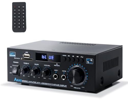 Receptor estéreo y amplificador de audio para el hogar, amplificador Bluetooth AK45 para altavoces pasivos, 300 W x 2, Bluetooth 5.0, 2 canales, con FM y karaoke, con USB/SD/RCA/MIC/FM in, con control