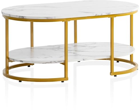 Wohnling Couchtisch 100x60x45 cm Weiß mit Marmor Optik, Design Wohnzimmertisch Rechteckig, Lounge Sofatisch mit Ablage, Kaffeetisch Modern mit goldenem Metallgestell