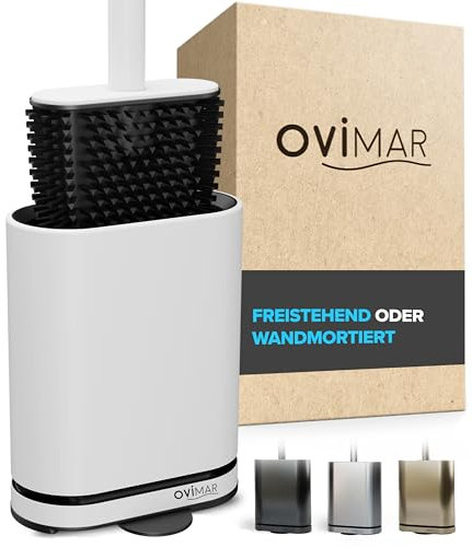 ovimar Toilettenbürste Oppdal | Weiß | Silikon Klobürste | WC Bürste mit Belüftung | Edelstahl | abnehmbare Tropfschale | nur 6cm breit| stehend oder Wandbefestigung im Badezimmer