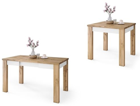 All4All Couchtisch Faro - Wohnzimmertisch - Kaffeetisch – Tisch in Holzoptik - mit Ablage – Esszimmertisch mit Einlegeplatte – Wotan + Weiß - ausziehbar bis 130cm - 80x75cm - 05