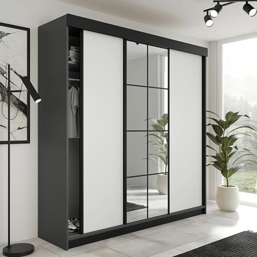 KIER FURNITURE Schiebegarderobe LAMARO mit Spiegel - Schrank Schlafzimmer – Schlafzimmerschrank – Wardrobe Bedroom – Kleiderschränke – Kleiderschrank - 200x205x59cm - Graphit & Weiß