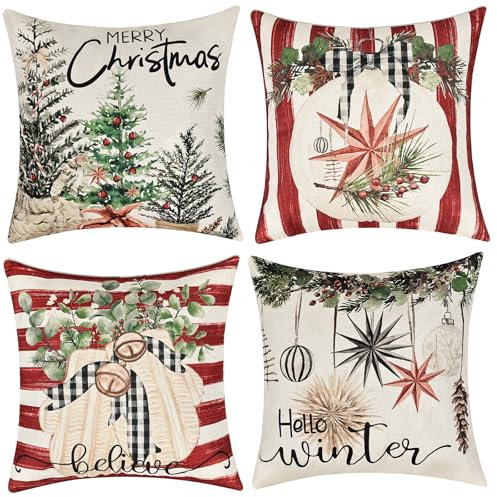 Joyoldelf 4er Set Kissenbezug Weihnachten - 45x45cm Kissenbezüge Weihnachtsdeko für Schlafzimmer Sofa Wohnzimmer Büro Kissenhüllen Deko (Roter Streifen)