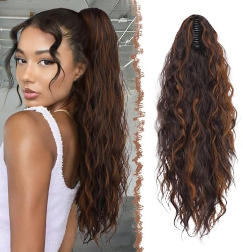 FESHFEN Pferdeschwanz mit Klammer, Lange Wellig Lockig Haarextension Synthetik Zopf Haarverlängerung Claw Clip in Haarteil Ponytail für Damen 65cm Dunkelbraun und HellRotbraun
