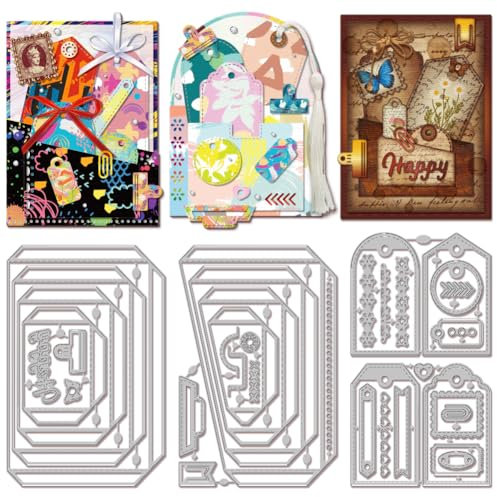 GLOBLELAND Stanzformen Für Verschachtelte Etikettentaschen Rechteckiger Rahmen DIY Stanzformen Retro Lesezeichenanhänger Metall Stanzschablonen Für Die Kartenherstellung Papierbasteln Scrapbooking