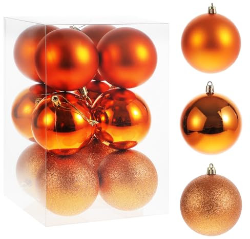 RELONGGI 12pcs 8cm Pre-Strung Christmas Baubles, 3 Style Shatterproof Ornaments for Birthday, Halloween, Holiday, Wedding Tree Decorations (Orange, Large)