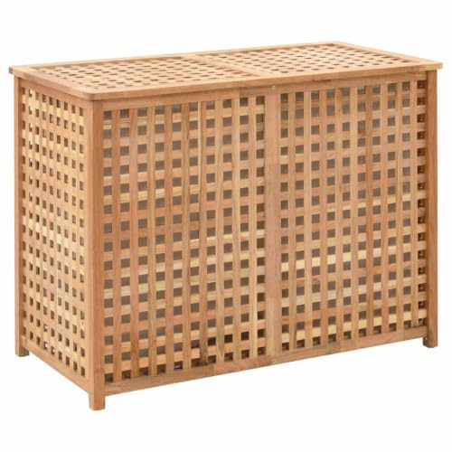 Myheimly Walnut Wood Solid Laundry Basket 2 Storage Compartments Laundry Basket Laundry Bag Bathroom Bedroom 87.5 x 46 x 67 cm Natural wäschetruhe wäschetruhe mit deckel