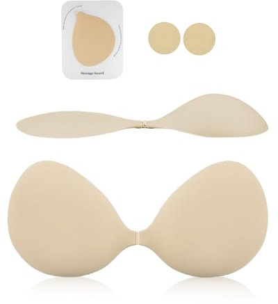 CUKIN Silicone Adhesive Bra Strapless & Backless - Invisible Push Up Stick-On Bra, Sweat-Proof Reusable Sticky Bras for Dresses, Wedding, Party | Includes Nipple Covers & Storage Board,C Cup Beige