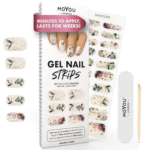 MOYOU LONDON Semi Cured Gel Nail Strips - 20 Pcs. Waterproof Gel Nail Wraps, Cures in Sunlight or UV/LED Lamp, Lasts Up to 2+ Weeks, Stretchable, Easy to Apply & Remove, Vegan & Cruelty-Free