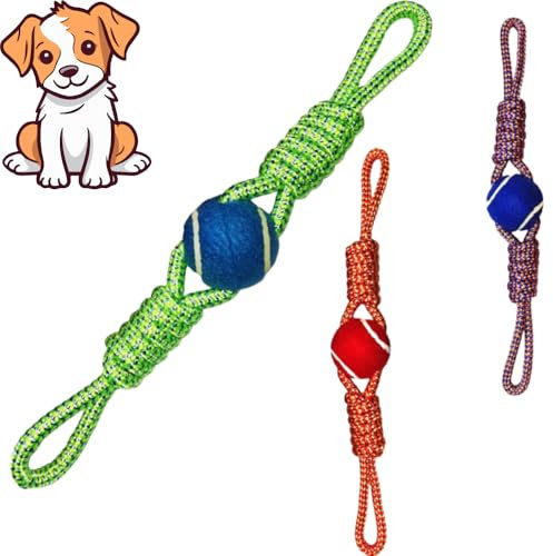 Generico Jeu de corde avec balle pour chien, petite ou moyenne, forme sphérique, résistante tressée, anti-stress, activité motrice exercices, soins hygiéniques dents gencives (34 cm, double nœud)