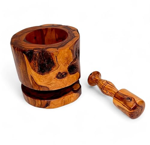 Rustic Handmade Olive Wood Mortar and Pestle Set | Unique Handcrafted Design for Grinding Spices Herbs Garlic | Durable | Kitchen Tool with Natural Grain Finish (Natural Olive Wood, Medium (13 cm))