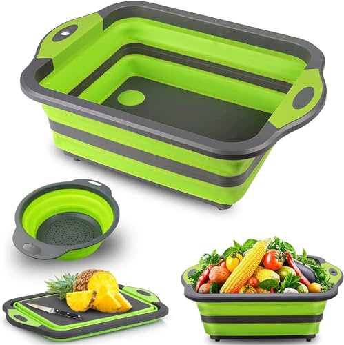 Shixian Tagliere pieghevole multifunzione con contenitore filtrante, ciotola in silicone per uso alimentare, lavello, lavello, cestello di scarico, filtro schermo