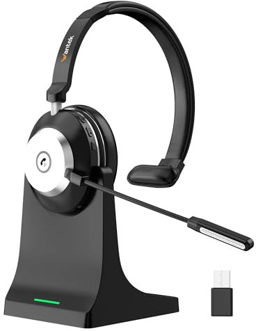 Wantek Auricular Inalámbrico con Micrófono (Mono) para Teletrabajo Cancelación Ruido IA Bluetooth 5.3 + Dongle USB & Estación Carga – Compatible PC/Móvil/Centro de Llamadas/Zoom/Teams