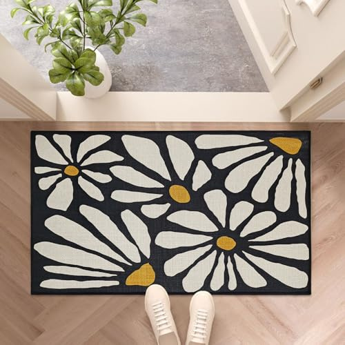 YULUOSHA Black Floral Door Mat Funny Cartoon Outdoor Indoor Welcome Mats Cute Front Doormat Non Slip Durable Entrance Rugs for Inside Outside Entry Porch Bathroom Mats 17 x 30 Easy to Clean