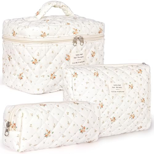 POWZOO 3PCS Set Reise Kosmetiktasche Mädchen,Baumwolle Kulturbeutel Set,mit Blumenmuster,Kulturbeutel Make Up Tasche,Kulturtasche Damen,Tragbare Schminktasche,für Kinder Damen,Alltag und Reisen (Weiß)