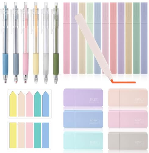 Vyuwast 12 Textmarker Pastell Set, 6 Gelstifte 6 Mini Korrekturroller und 200 Transparente Haftnotizen für Journal Büro School Supplies