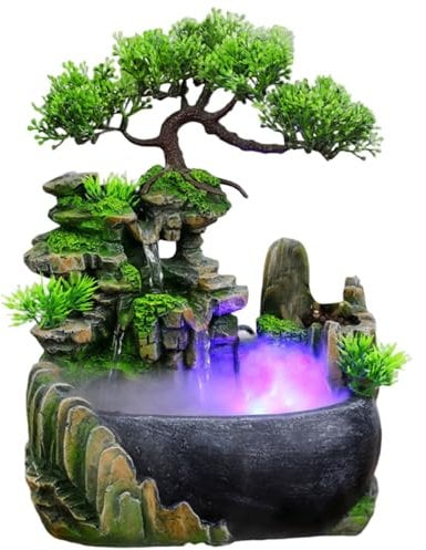 Desktop Water Fountain with Color-Changing LED Light, Tabletop Waterfall Mist Humidification Resin USB Indoor for Office Home