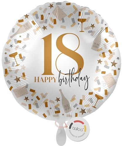balloa Folienballon 18, runder Helium Ballon zum 18.Geburtstag, Geschenk für junge Erwachsene, Partydeko für Mädchen oder Jungen, befüllbar mit Helium oder Luft, Folienballon Geburtstag, 33cm