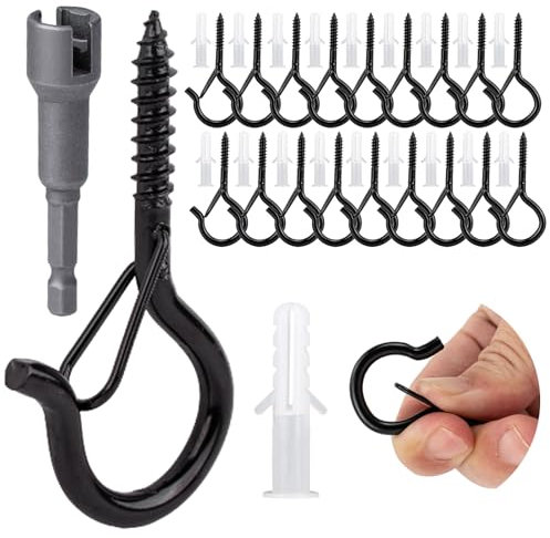 KINGLAKE Screw in Hooks, 30 Pcs Q Hanger Hooks for Outdoor Christmas String Light, Safety Buckle, Fence Celling Black Screw Hook for Wood Wall Hanging Fairy Lights Plants Bird Feeders Cups