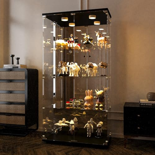 KeepGoon Glasschrank mit Vier Schichten, Vitrine aus Glas mit 4 Regalen und 2 Türen, mit LED-Beleuchtung, Geeignet für Wohnzimmer, Schlafzimmer, Büro