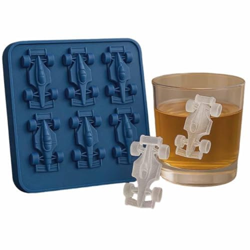 4 pc F1 Ice Mold, Formula Racing Car Ice Mold, Silicone Racing Car Jello Molds, 6-Cavity 3D Race Car Shape Themed Tumbler Ice Cube Tray, No-Plastic, Easy Release, Gift for F1 Racing Fans (Blue)