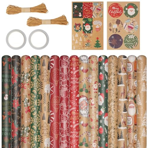 15 Stück Geschenkpapier Weihnachten,50cm x 70cm Geschenkpapier Geburtstag,Weihnachtspapier,mitAnhängerkartex1 + Aufkleberx1 + Hanfschnurx2,für Geschenkverpackung Weihnachten,Hochzeit,Geburtstag