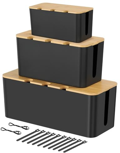 BEZORR Cable Tidy Box, Cable Management Box, 3 Cable Storage Box with Bamboo Lid for Hiding Messy Cables Storage Organising Management Desk TV Computer USB Hub Strips Cords, Wire Management, black