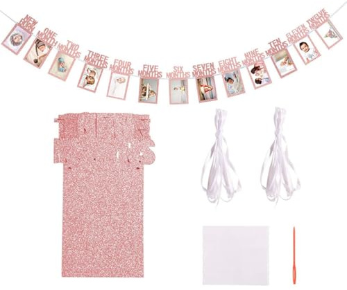 Guirnalda de fotos para el primer cumpleaños, 13 láminas de fotos para bebés de 1 a 12 meses, guirnalda de fotos para celebrar los hitos del bebé, para fiestas de niñas y niños, oro rosa
