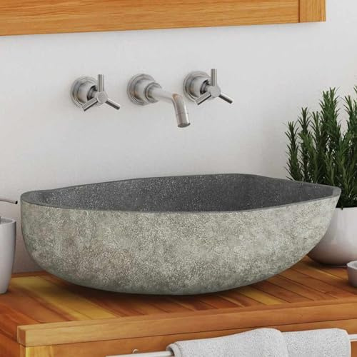 Gecheer Flussstein Waschbecken, Ovales Waschbecken aus natürlichem Flussstein, Größe 45-53 cm x 34-41 cm x 15 cm, mit Abflussloch für modernes und rustikales Badezimmer
