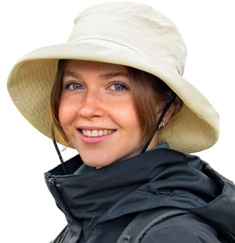TOP-EX UPF 50 Sommer Sonnenhüte Damen mit Pferdeschwanz, Breiter Krempe Fischerhut für UV-Schutz, Wasserdicht regenhut, Kinnriemen, Atmungsaktiv Mesh, Faltbar, Safari Gärtner, Beige S