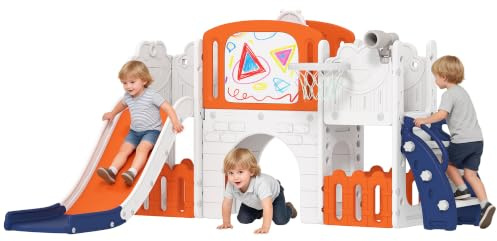 AIYAPLAY 7 in 1 Toddler Slide Set with Basketball Hoop Ages 1-3 Orange | Outdoor & Indoor Playset, Climbing Frame, Telescope, Drawing Board, Storage Box