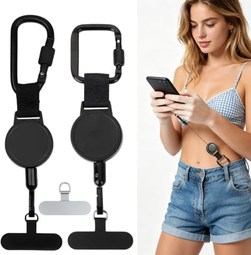 2 PCS Lanyard Retráctil para Móvil 70 cm, Cable de Acero Anticaídas y Antirrobo Mosquetón Bloqueable Adaptador Universal para Funda de Móvil Ideal para Senderismo Pesca Esquí Viajes – Hombre y Mujer