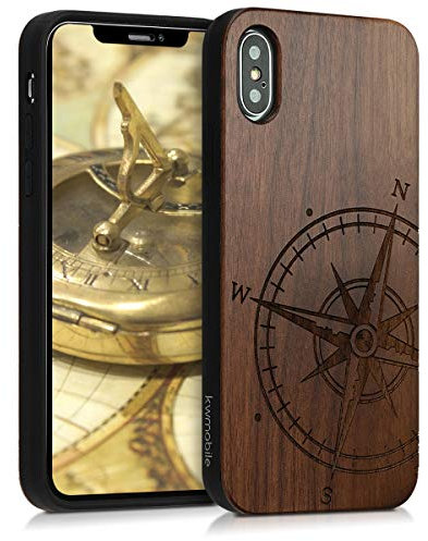 kwmobile Hülle kompatibel mit Apple iPhone XS Hülle - Holz Case - Handy Cover - TPU Handyhülle in Dunkelbraun Kompass Vintage