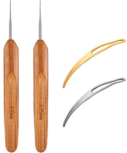 WILLBOND 4-teiliges Dreadlock-Häkelset, 2 Stück Dreadlock-Häkelnadeln aus Bambus (0,5 mm und 0,75 mm) und 2 Stück Haarverriegelungswerkzeug für Zöpfe, Handwerk