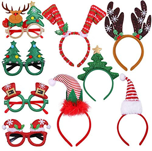 Aneco 9-Pack Weihnachts Stirnbänder Weihnachtsgläser Rahmen Weihnachts Party Hut Kopfschmuck Weihnachts Kostüm Zubehör für Weihnachts Party Supplies