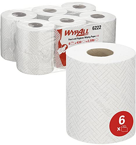 WypAll L10 Food & Hygiene Wiping Paper 6222-1 Ply Dry Cleaning Wipes - 6 White Centrefeed Rolls x 430 Paper Wipes (2,580 Total)