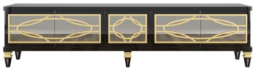 Casa Padrino Luxus Barock TV Schrank Schwarz/Gold 213 x 55 x H. 66 cm - Prunkvoller Fernsehschrank mit 5 verspiegelten Türen - Barock Möbel