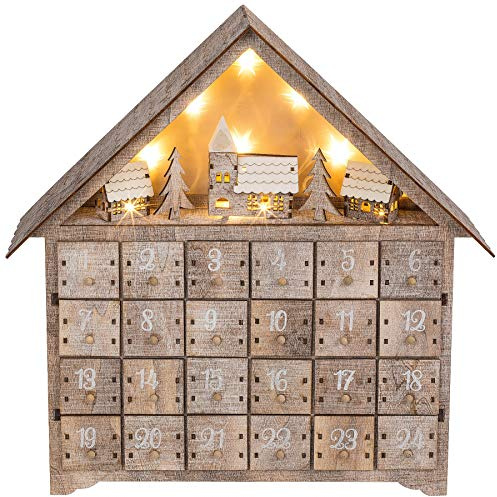 Out of the blue Adventskalender aus Holz, Haus mit warmweißen LEDs, Natur