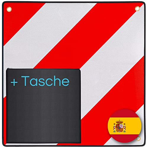 PLANGER® - Warntafel Spanien (50 x 50 cm) +Tasche - Reflektierendes Warnschild rot weiß für Heckträger u Fahrradträger