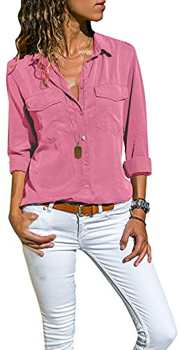 EFOFEI Chemise Oxford à Manches Longues Décontractée Décontractée pour Femme Rose M