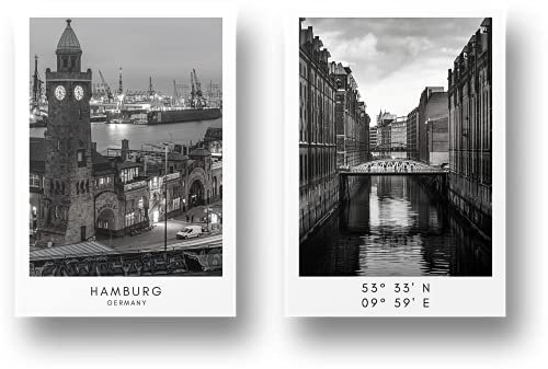 Freyheit | Premium Poster Set | stilvolles 2er-Set mit passenden Bildern in schwarz-weiß | 2 Stück in DIN A4 (21x30cm) | ohne Bilderrahmen » Städte « (Hamburg)