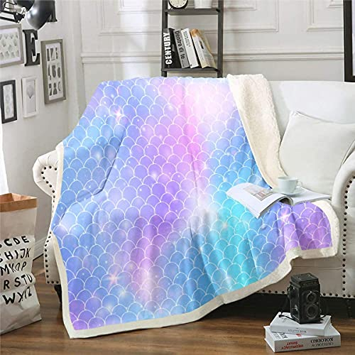 Homemissing Mädchen Meerjungfrau Skala Flanell Fleecedecke Fischschuppen Decke 130x150cm für Sofa Couch Dekor Ozean Marine Thema Warm Kuscheldecke Fanserie Meer Lila Blau Wohndecke Ultra Weich
