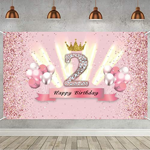 Geburtstagsbanner 2 Jahre Party Dekoration Rosegold Mädchen Stoffschild Poster 2. Geburtstag Krone Geburtstag Tischdeko Glitzer Rosa