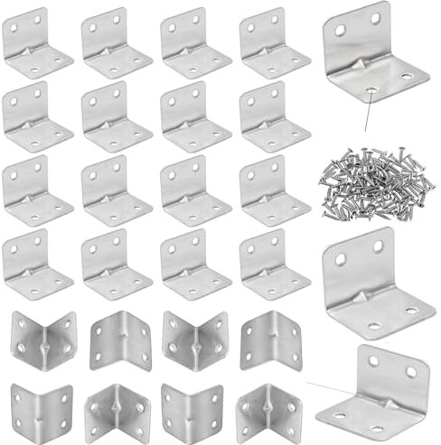 24 PCS Corner Brackets for Wood, Right Angle Bracket with Screws L Shaped Stainless Steel Corner Brace 90 Degree Plate Fastener Brackets for Furniture Shelf Fence Fixing