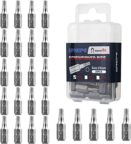 HPHOPE T20 Bit x 25 Stück, Torx Bit T20 1/4 Sechskant-Antrieb, Länge: 25 mm, Flip-Top-Box
