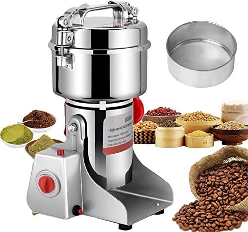 Moulin Céréales Grains Électrique, Grinder en Acier Inoxydable et Moteur, Broyeur à Lames Robot Culinaire à Grande Vitesse pour Moudre Céréales Épices Herbes Noix Café (800g 3200W)